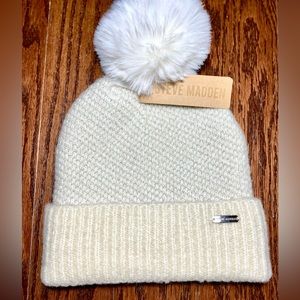 HAT Soft Rib Knit Cuff Cap With Faux Fur Pom Winter Ivory from Steve Madden